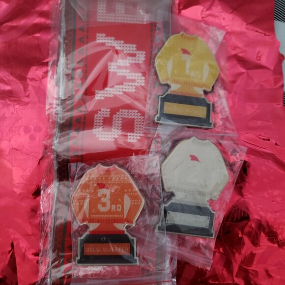 UGLY SWEATER Christmas party AWARD RIBBON Pins 3pcs 1st 2nd 3rd Place - Picture 1 of 4